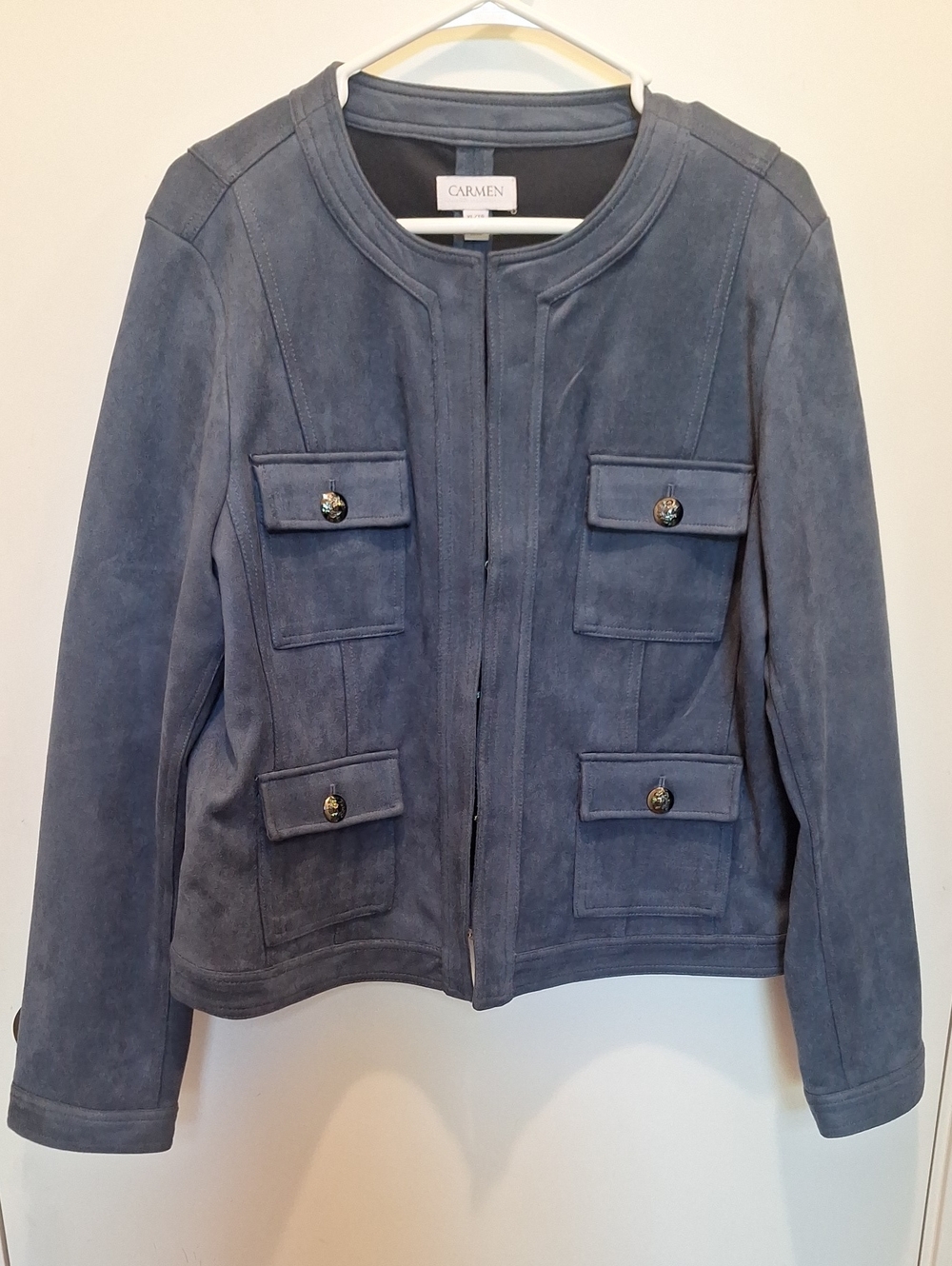 Carmen Marc Valvo Slate Blue Faux Suede Pocket Jacket